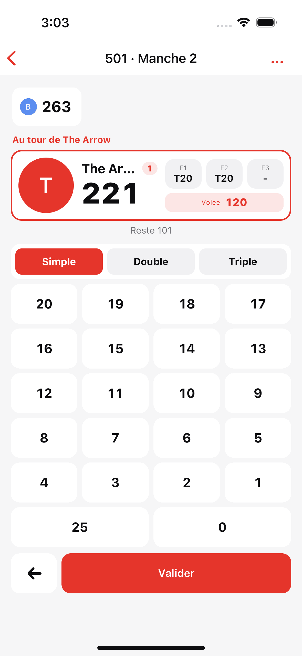 Écran officiel de Triple20 pendant une partie de 501