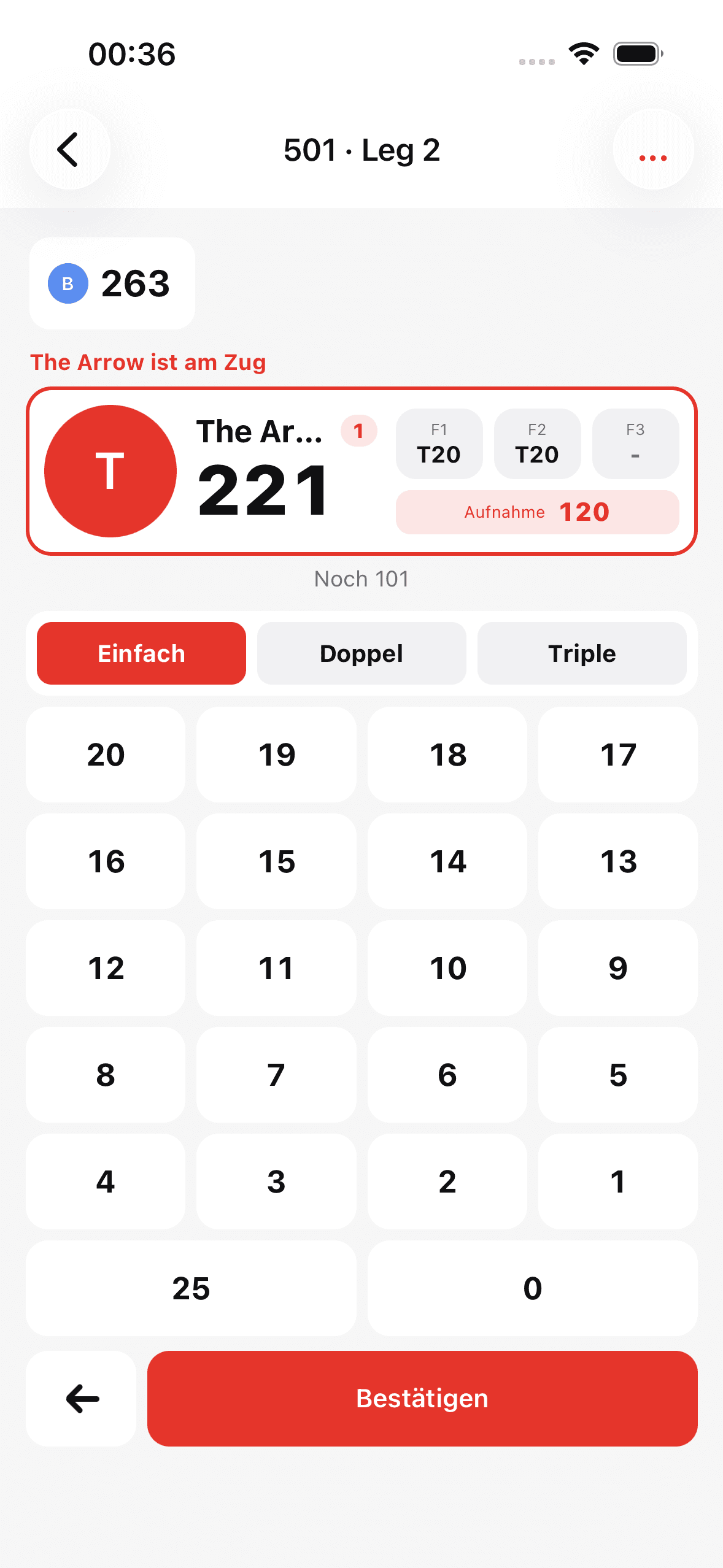 Offizieller Triple20-Bildschirm während einer 501-Partie