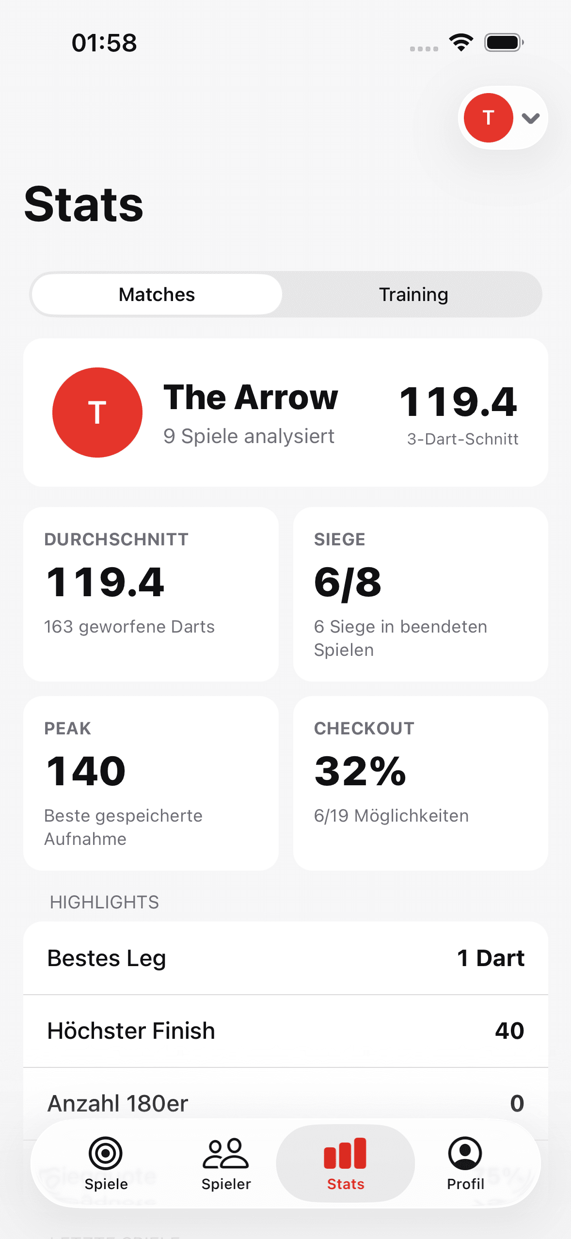 Triple20 Darts-Statistiken mit 3-Dart-Average, Siegen und Checkout-Quote