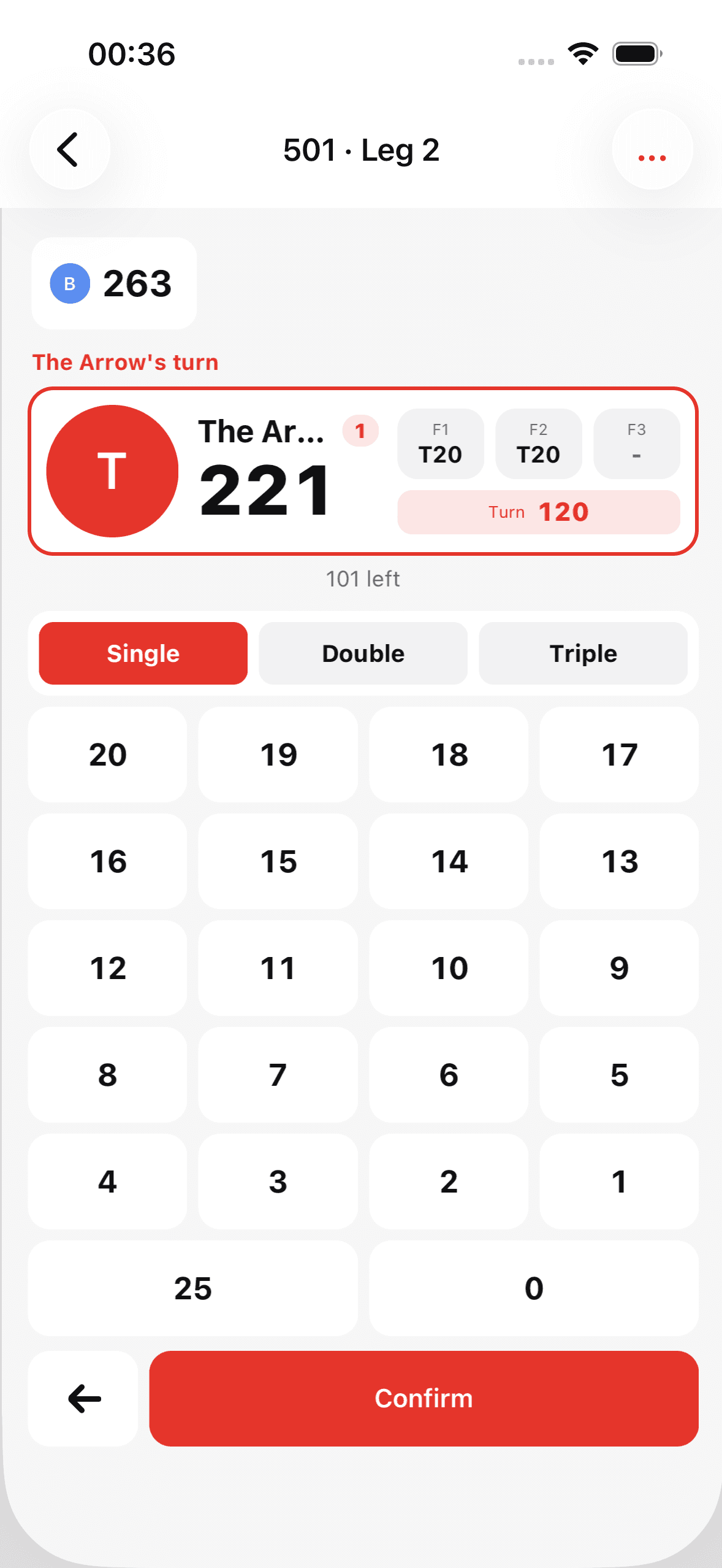 Triple20 scorer during a 501 darts game