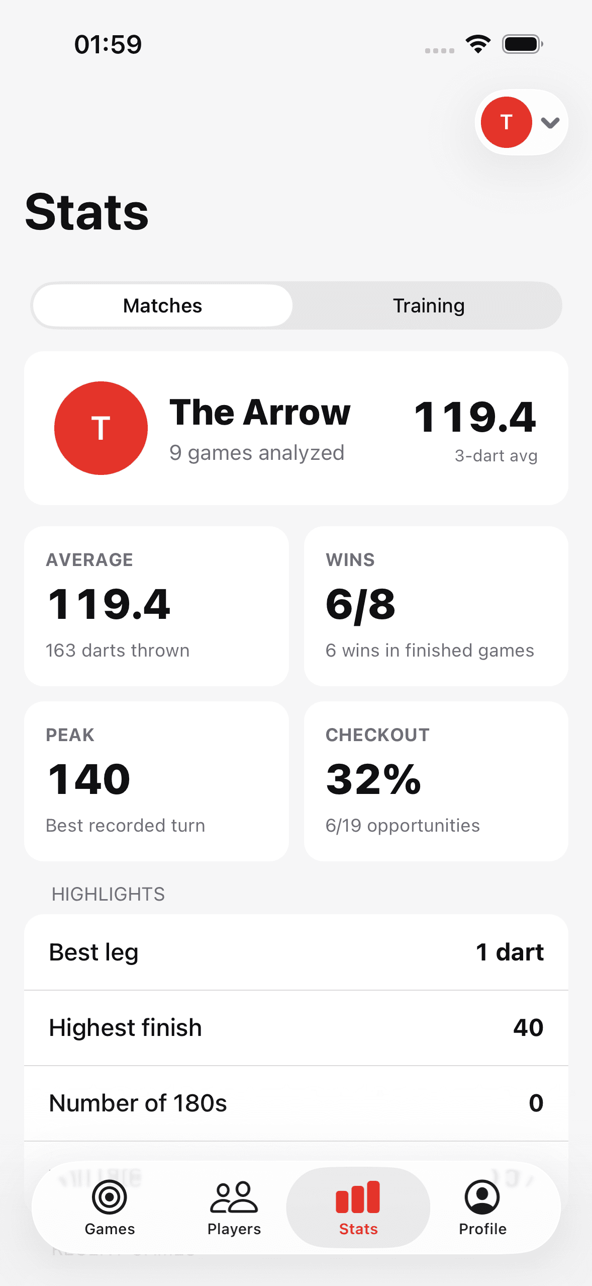 Triple20 darts statistics with 3-dart average, wins and checkout rate