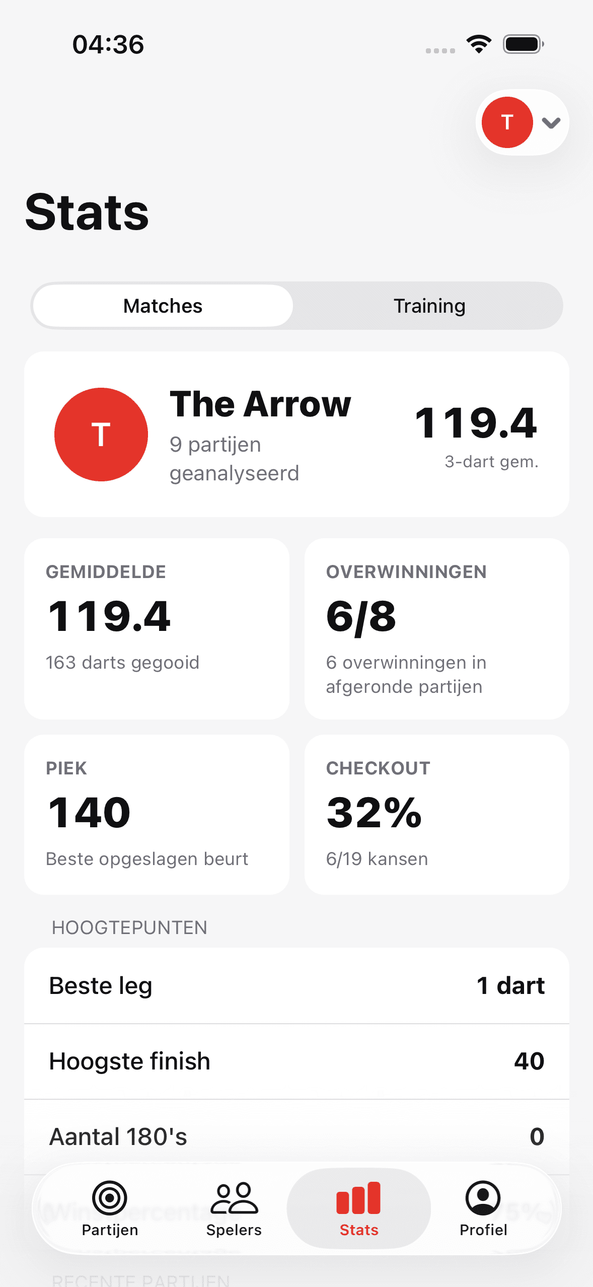Triple20-dartstatistieken met 3-dartgemiddelde, zeges en checkoutpercentage