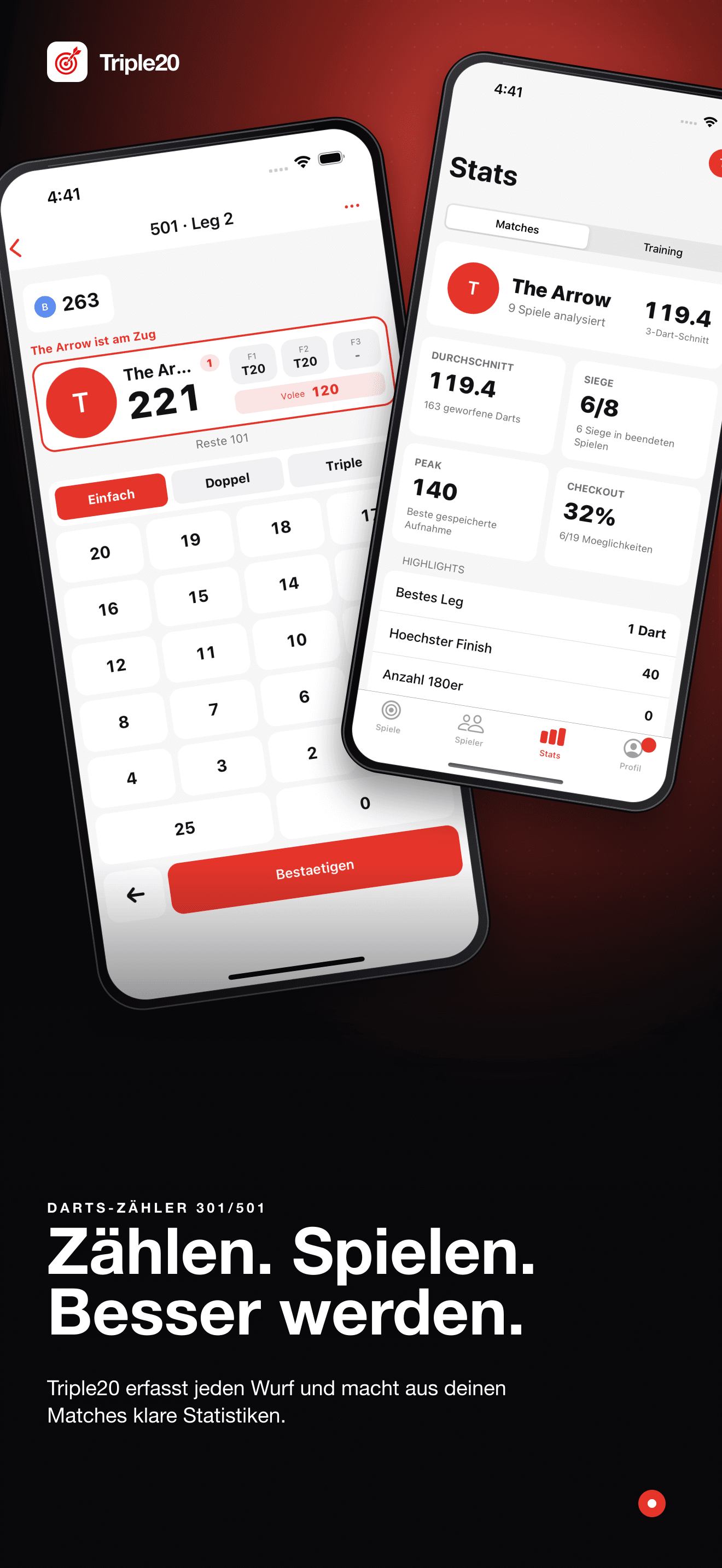 Triple20 mit 501-Zähler, Spielern und Darts-Statistiken