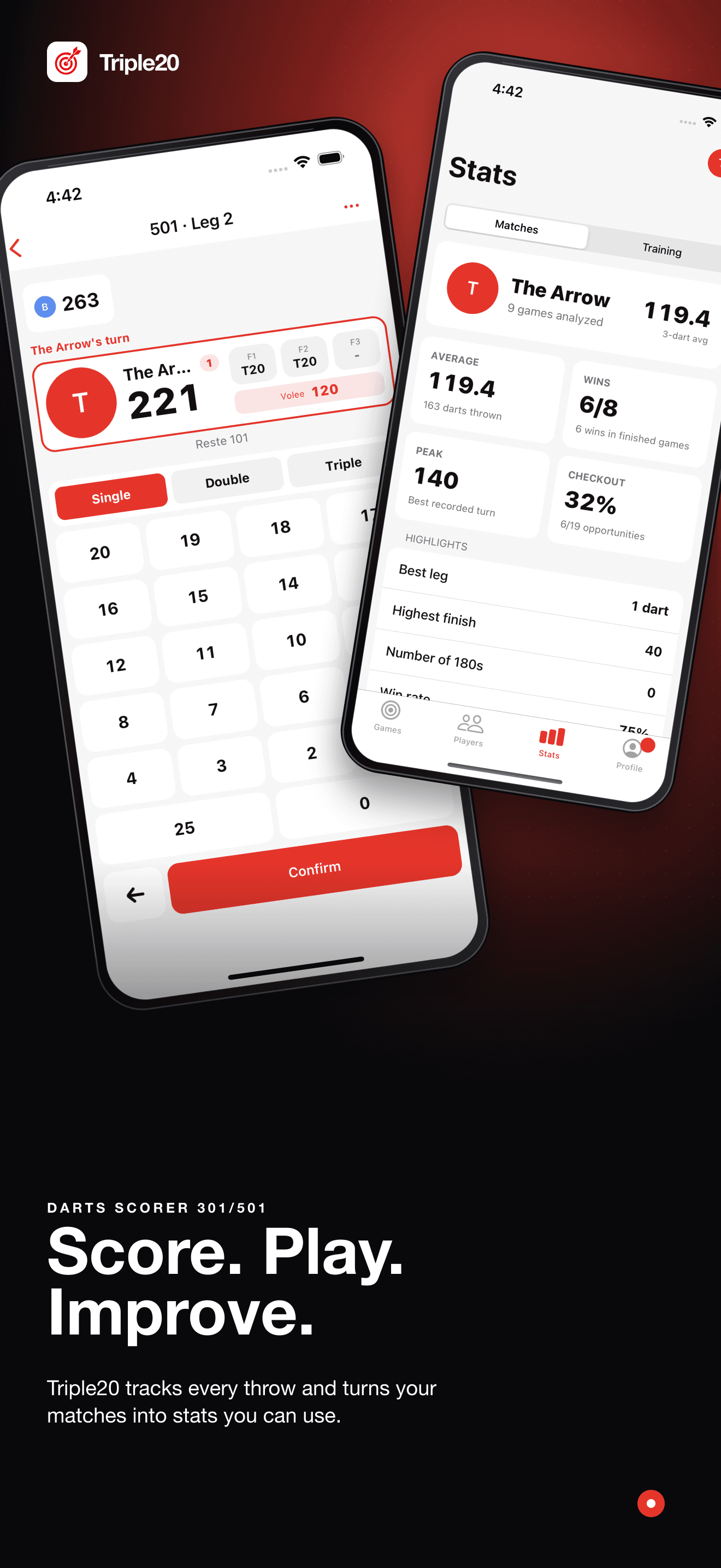 Triple20 preview showing the 501 scorer, players and darts statistics