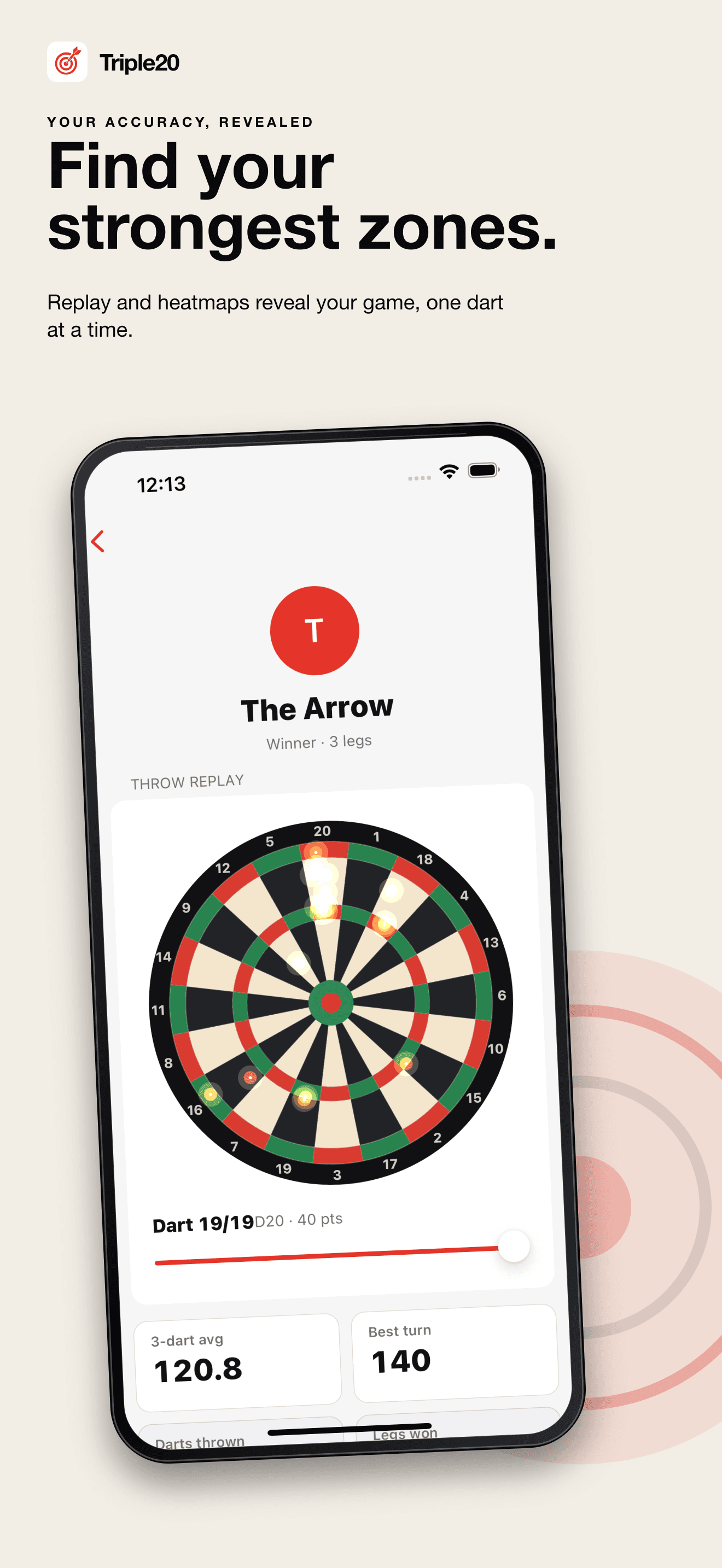 Darts match heatmap and dart-by-dart replay in Triple20