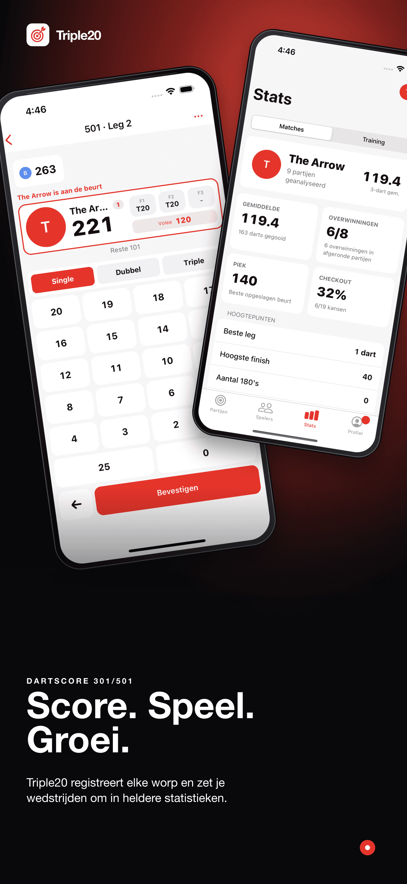 Triple20 met 501-score-app, spelers en dartstatistieken